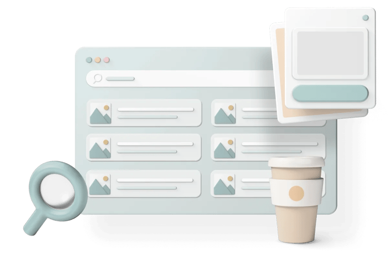 No-code tools catalog with a magnifier and a cup of coffee